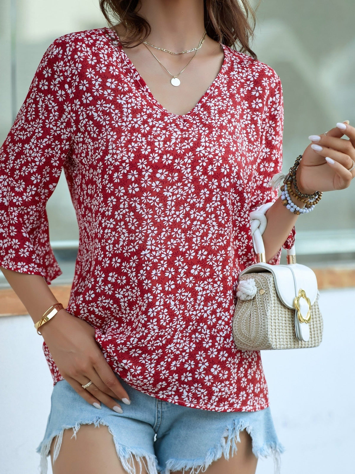 Kessoro women's floral ruffle-sleeve V-neck blouse in royal blue, yellow, green and red – image 23 of 23