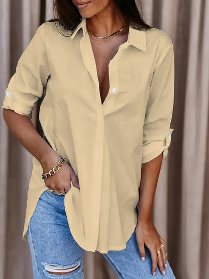 Kessoro Women's relaxed fit roll-tab sleeve collared shirt in white, red, black and more, view 3