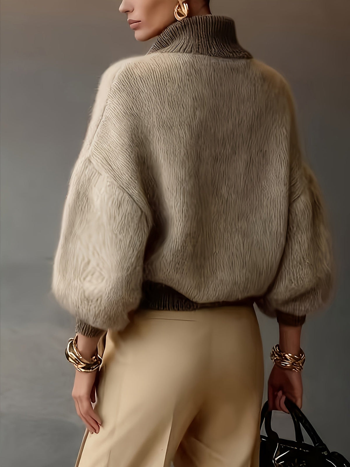 Women's relaxed half-zip ribbed sweater in khaki and lavender, styled view