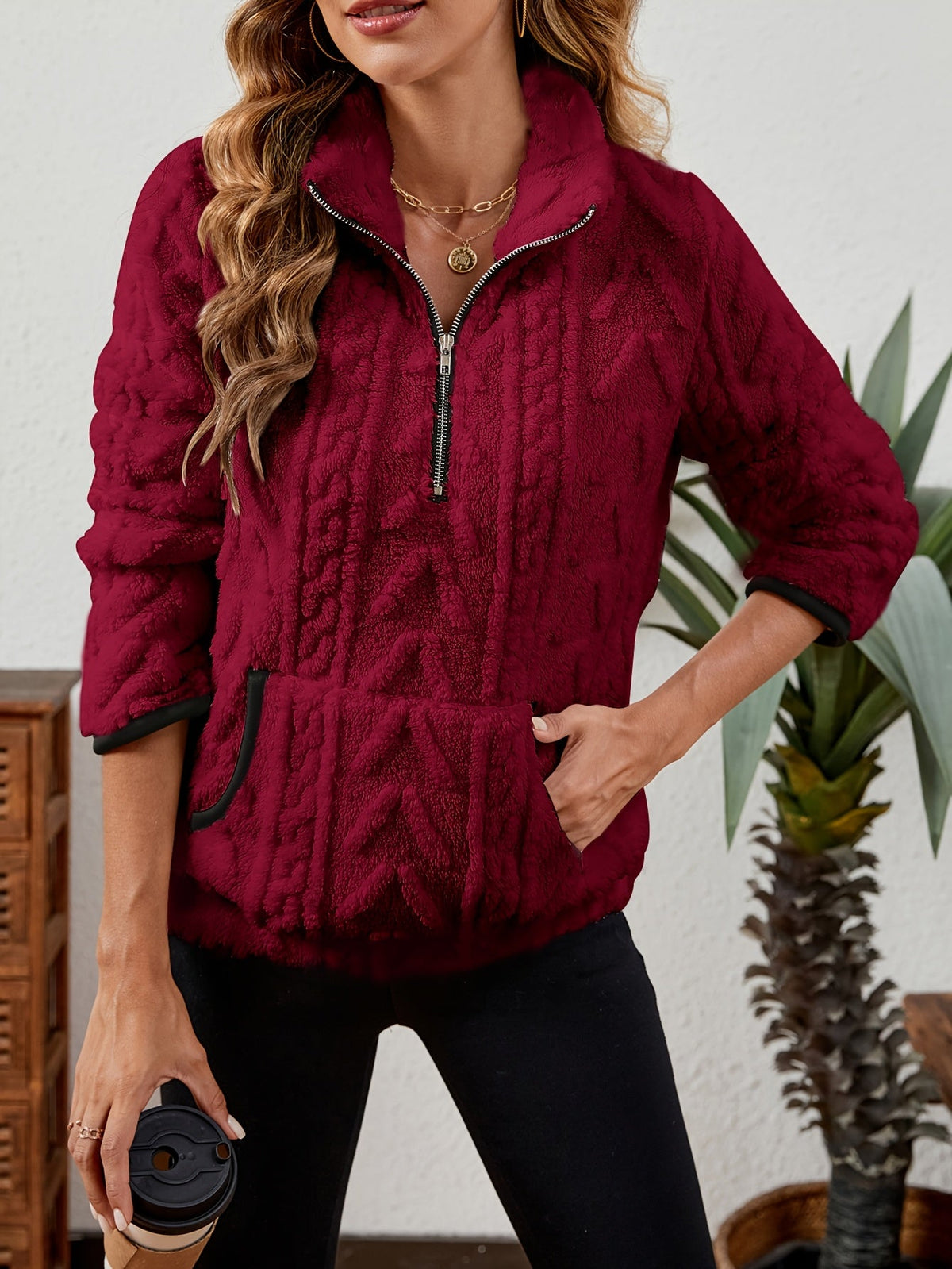 Kessoro women's plush textured half-zip pullover in burgundy, grey, pink, white, khaki, purple and blue - product view 5