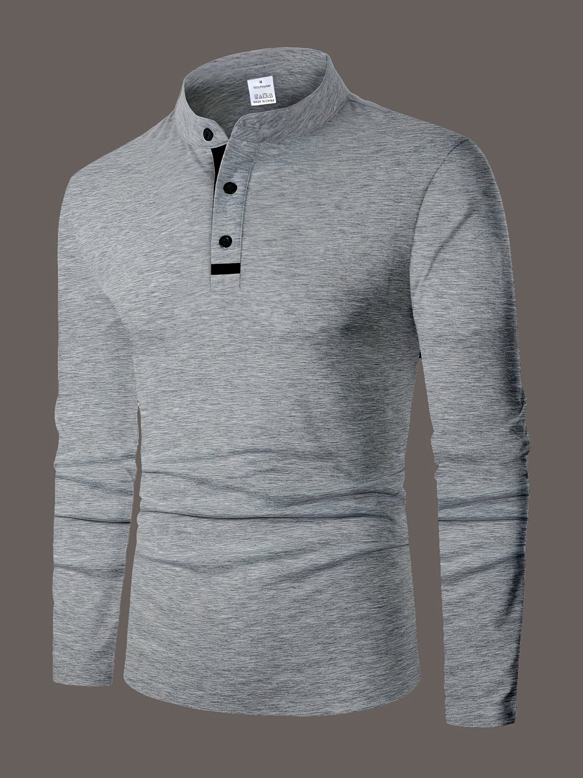 Men's refined long-sleeve button-placket henley shirt in granny gray, matcha green and navy, close-up view
