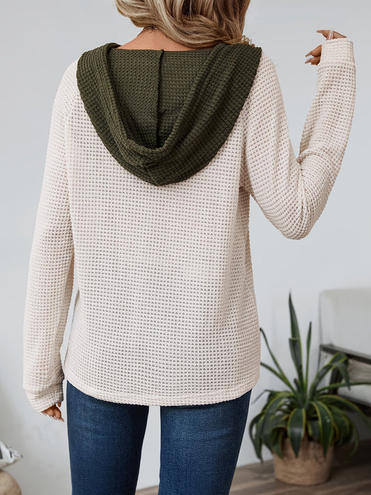 Kessoro women's waffle-knit relaxed hooded top in beige, black or pink, view 1 of 22