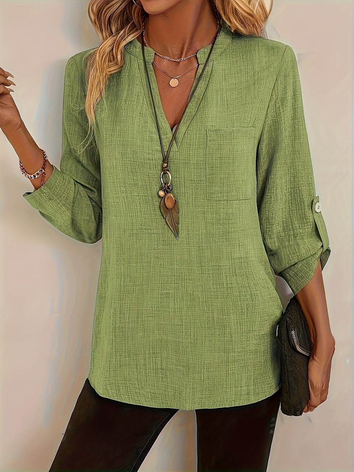 Women's relaxed V-neck roll-tab blouse in black, khaki, light green, apricot, blue and purple — Kessoro, image 8 of 16