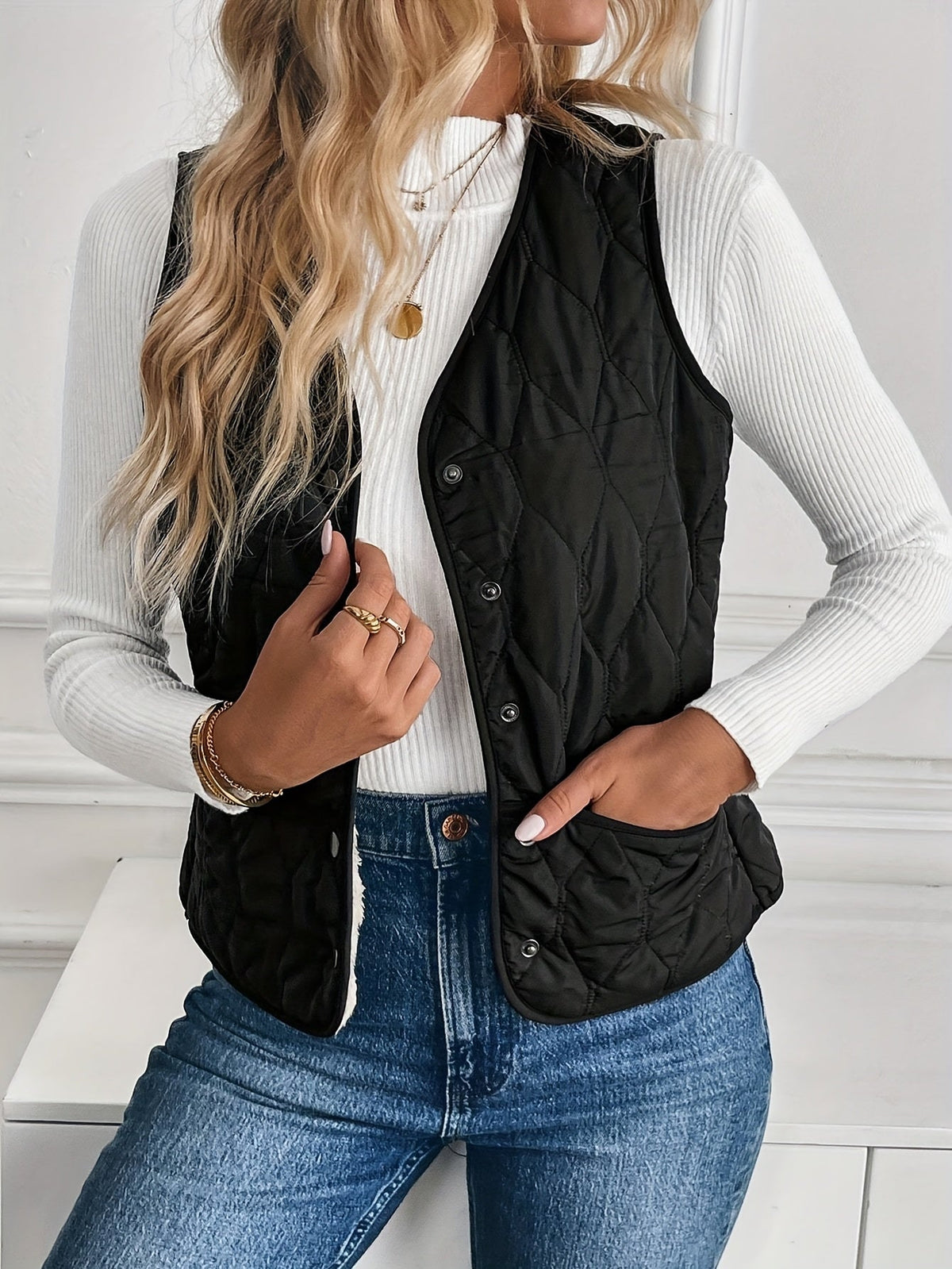 Kessoro Women's Reversible Quilted Plush Vest in black - women's apparel, view 5 of 8