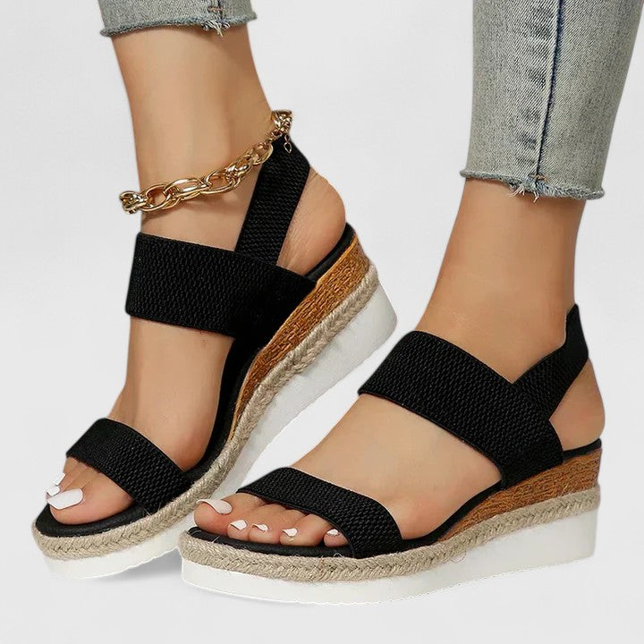 Women's stretch-strap comfort wedge sandals in brown, pink, black, blue and grey — Kessoro, image 1 of 11