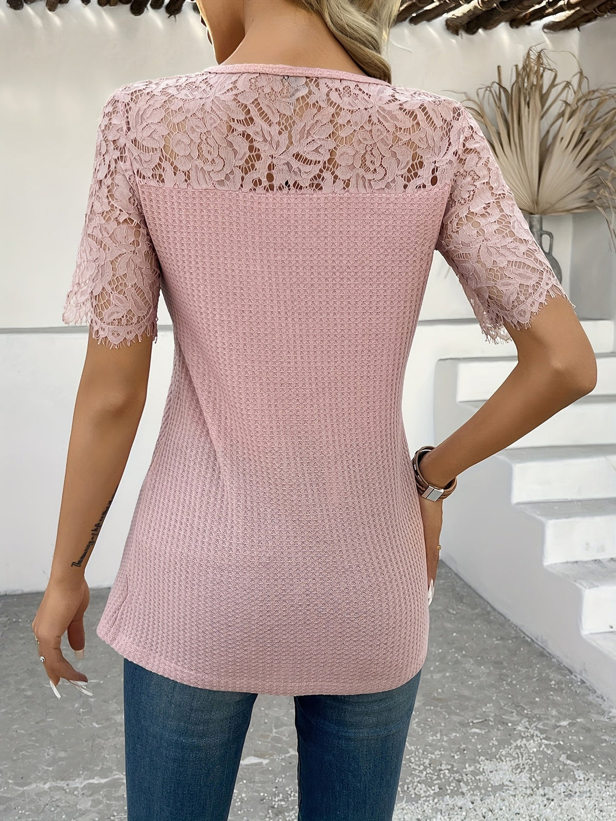 Kessoro women's lace-panel short sleeve button top in pink, yellow and purple – view 5