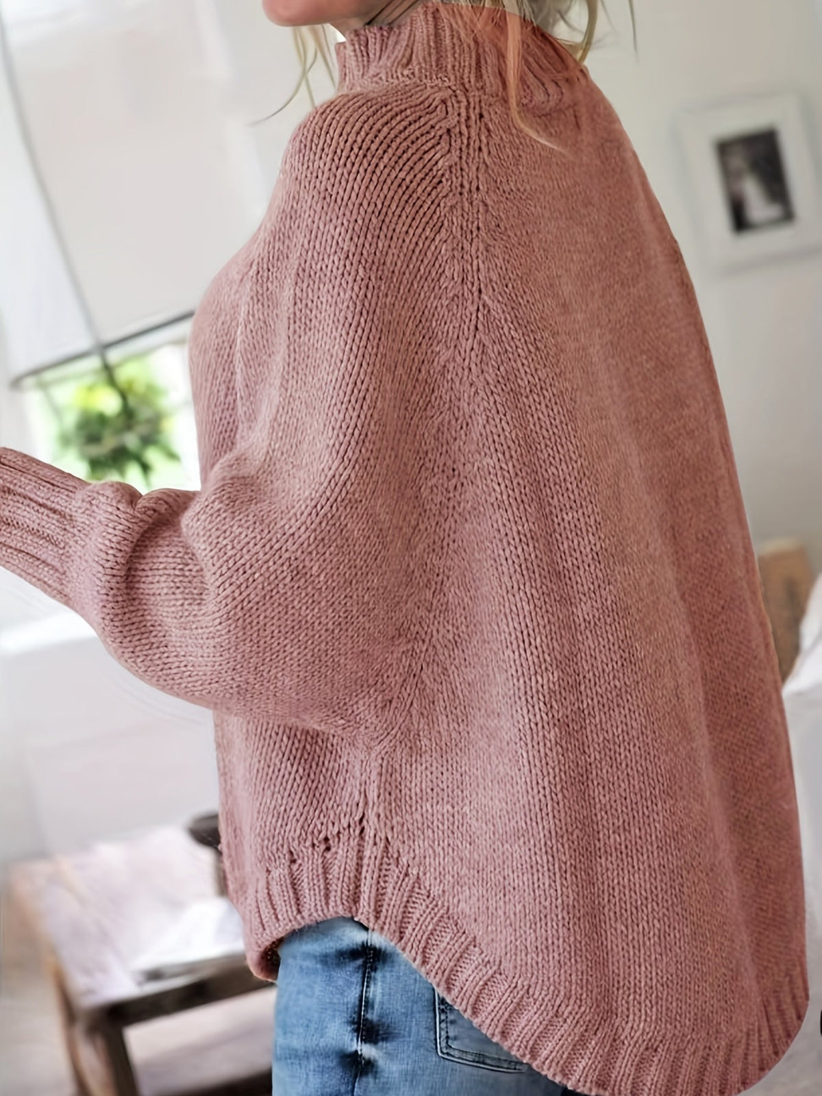 Kessoro women's high-neck cable-knit loose sweater in khaki, grey, pink, black and red – view 8