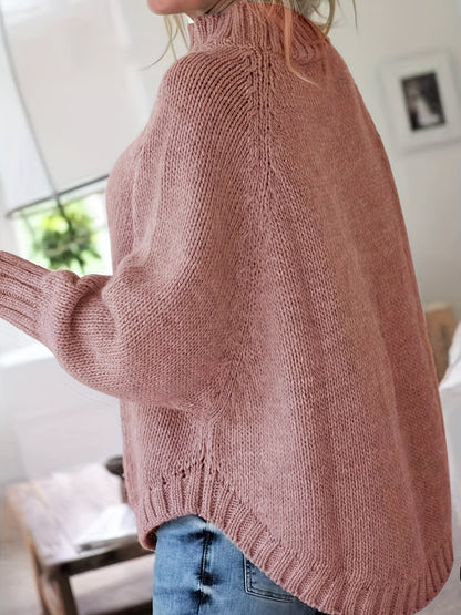 Women's cable-knit high-neck chunky sweater in a soft grey, pink and red colour family (view 5)