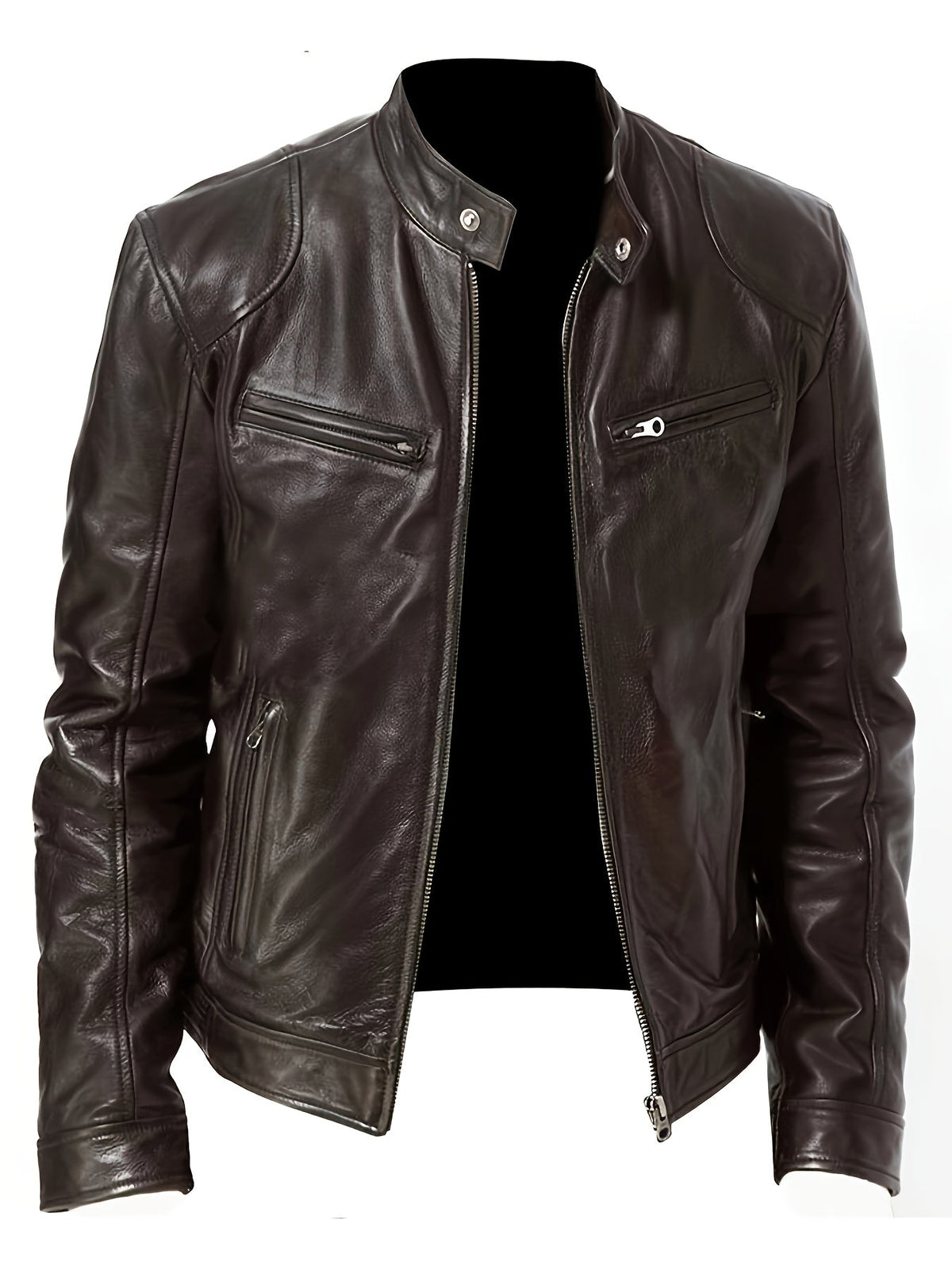Kessoro men's stand-collar zip-front moto jacket in black and coffee brown - product view 8