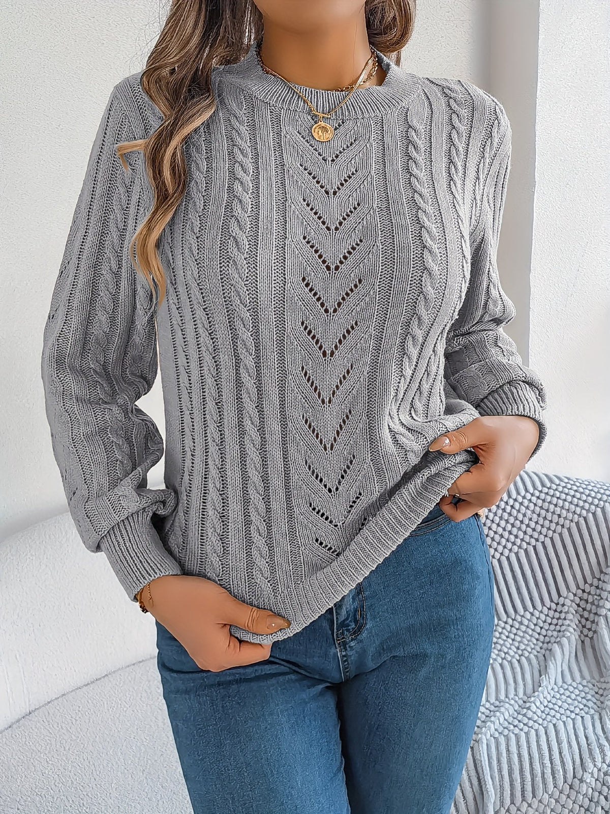 Kessoro Women's Cable-Knit Round Neck Sweater in khaki, grey and orange-red - women's apparel, view 14 of 21