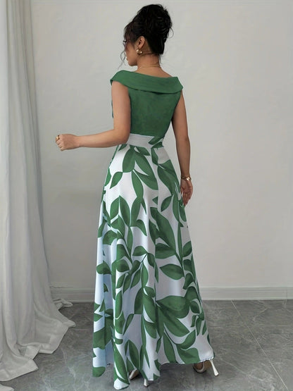 Women's leaf-print wrap-neck A-line maxi dress in a deep natural colourway