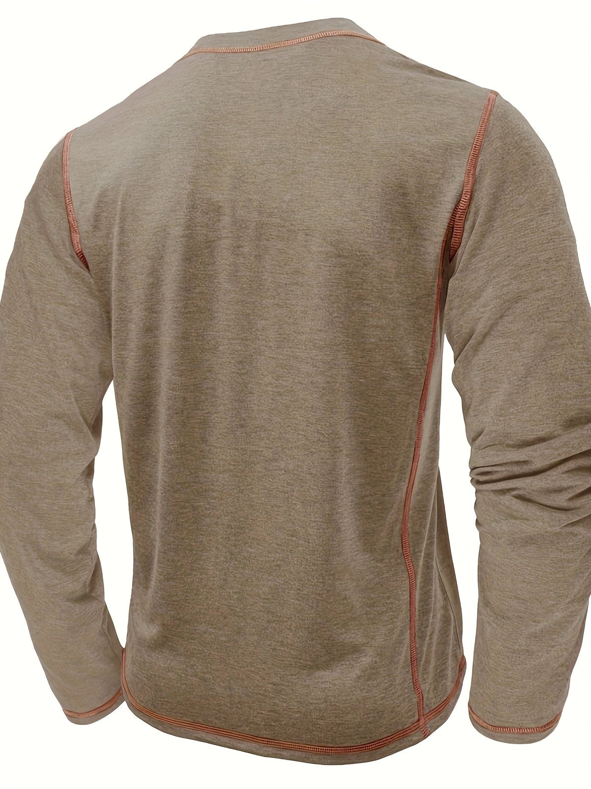Men's contrast-stitch long sleeve henley shirt in khaki and green, styled view