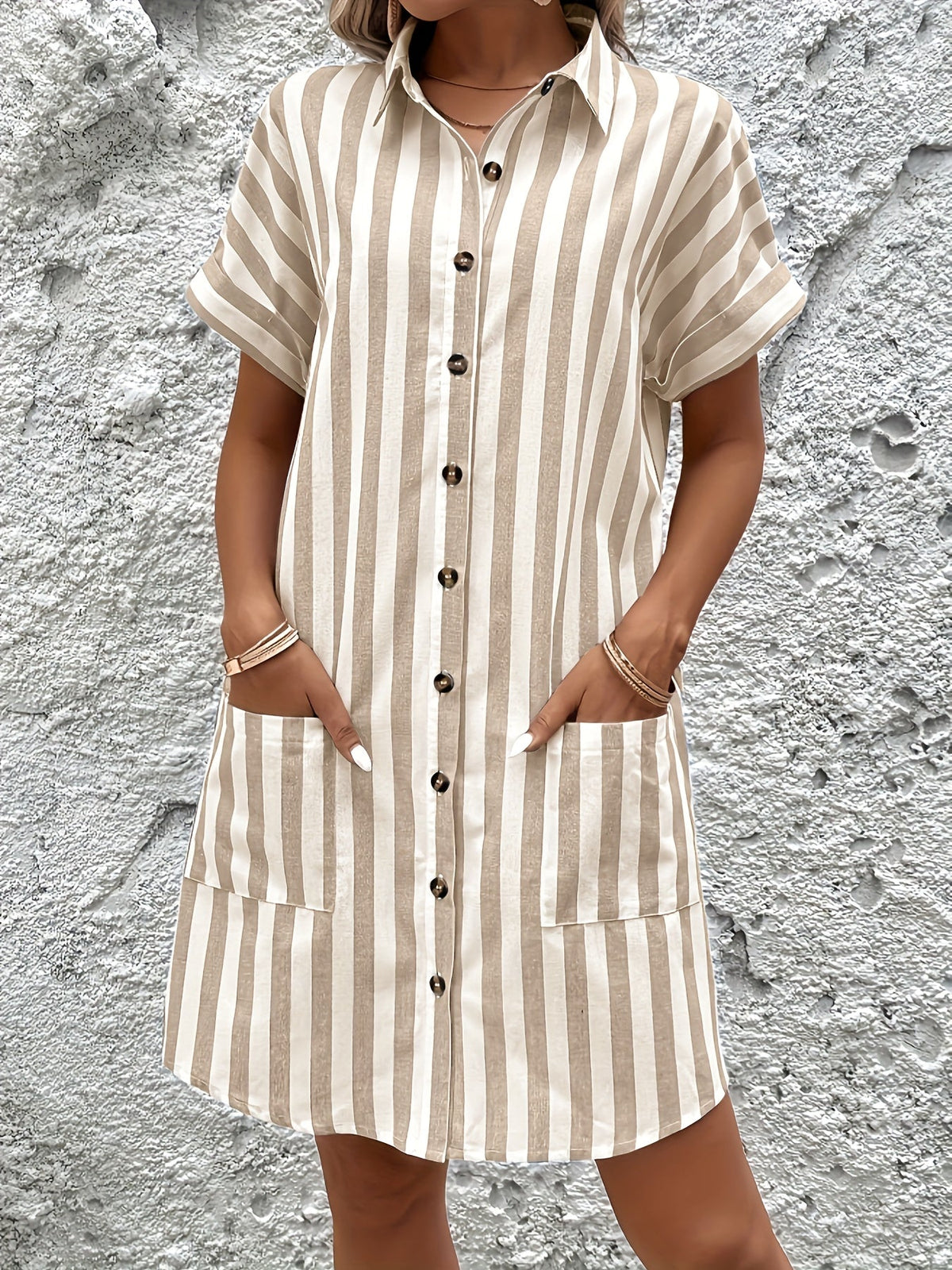 Kessoro women's belted striped short-sleeve shirt dress in apricot and sky blue