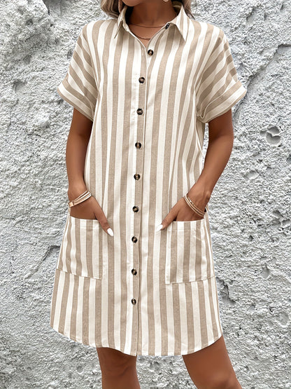 Kessoro women's belted striped short-sleeve shirt dress in apricot and sky blue