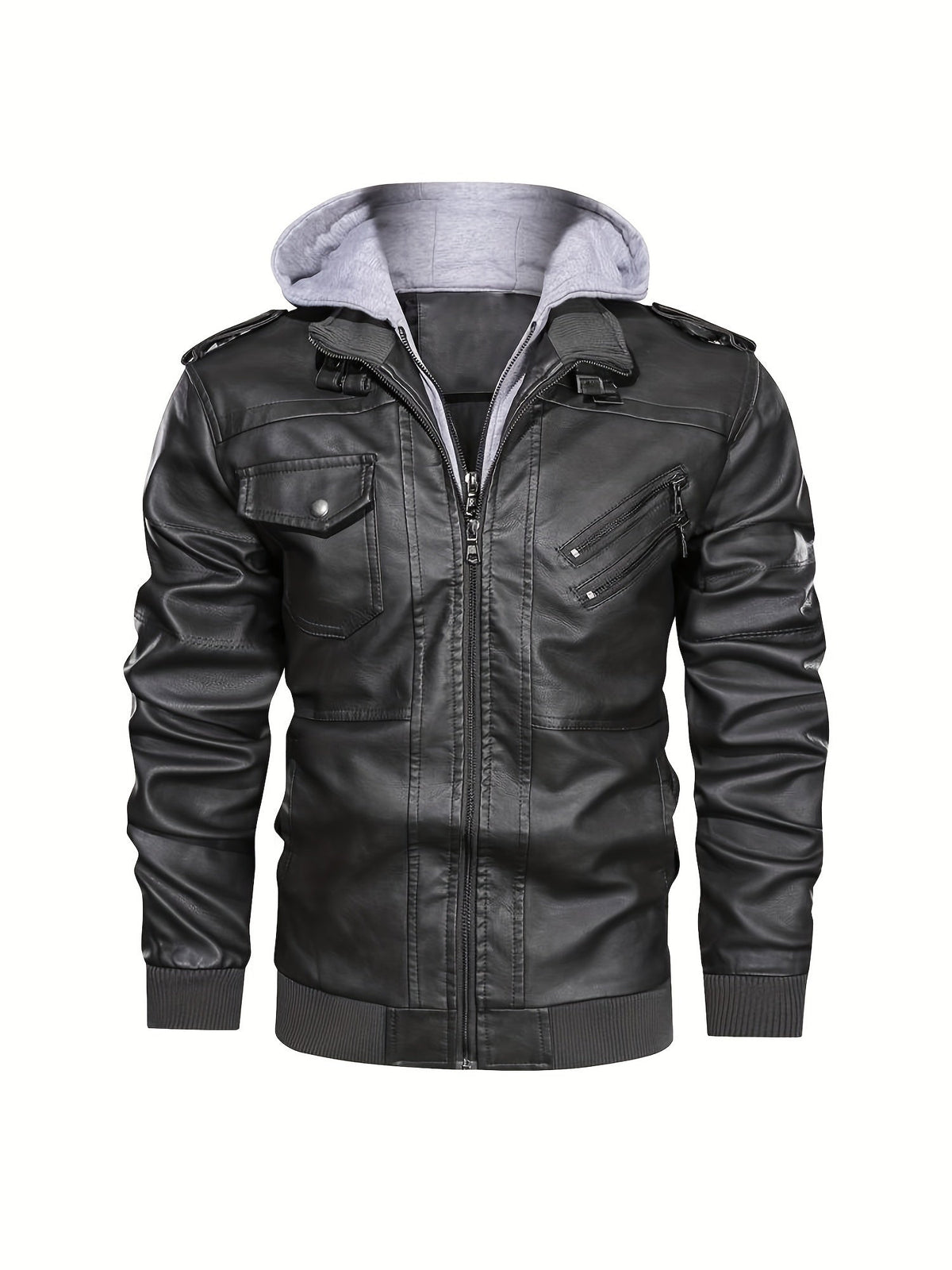 Kessoro men's hooded moto biker jacket in black, dark grey or coffee brown, view 14 of 30