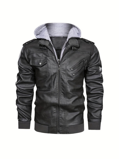 Kessoro men's hooded moto biker jacket in black, dark grey or coffee brown, view 14 of 30