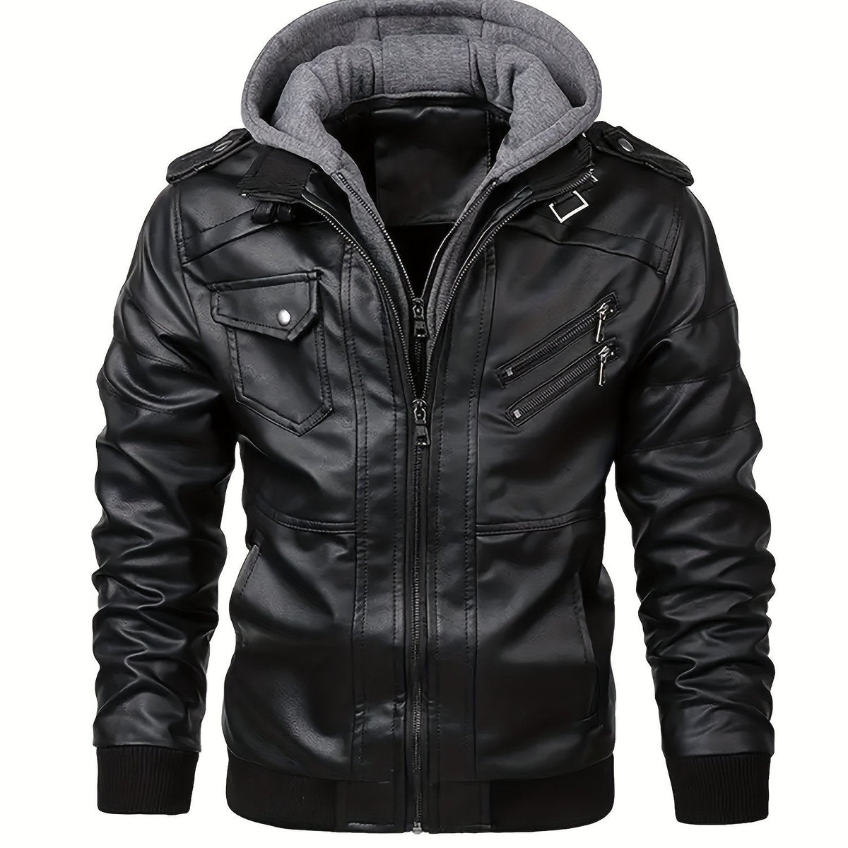 Kessoro men's hooded moto biker jacket in black, dark grey or coffee brown, view 1 of 30