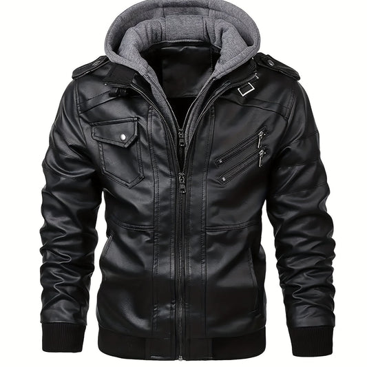 Kessoro men's hooded moto biker jacket in black, dark grey or coffee brown, view 1 of 30