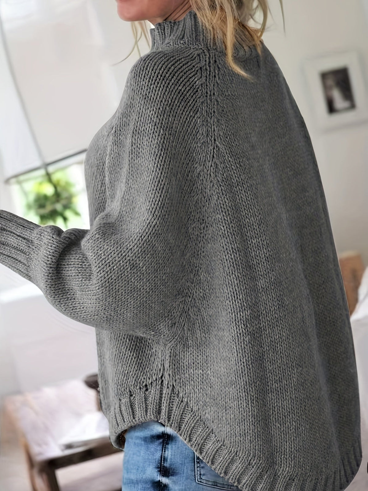 Kessoro women's high-neck cable-knit loose sweater in khaki, grey, pink, black and red – view 9