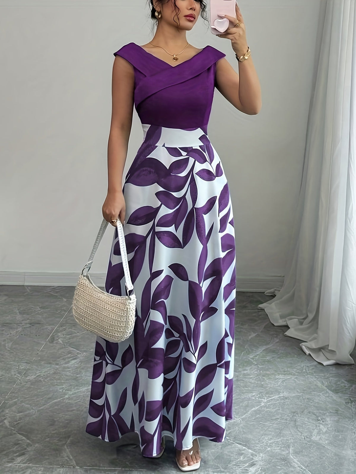 Women's leaf-print wrap-neck A-line maxi dress in a deep natural colourway