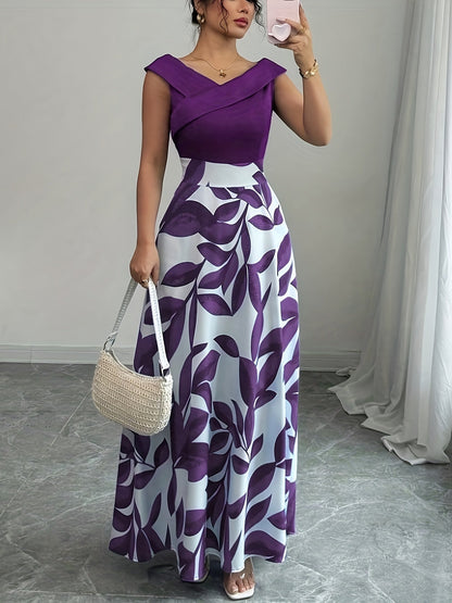 Women's leaf-print wrap-neck A-line maxi dress in a deep natural colourway