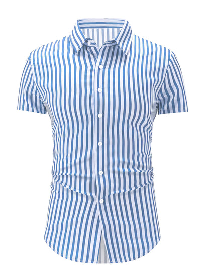 Kessoro men's striped short sleeve button-up shirt in pink, yellow-green and blue – view 6