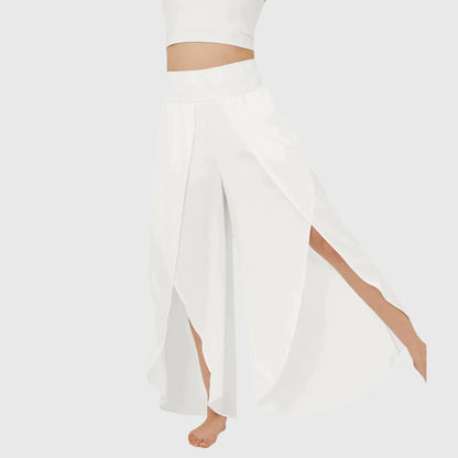 Women's high-waist flowing wide-leg split pants in a soft pastel and neutral colour family (view 7)