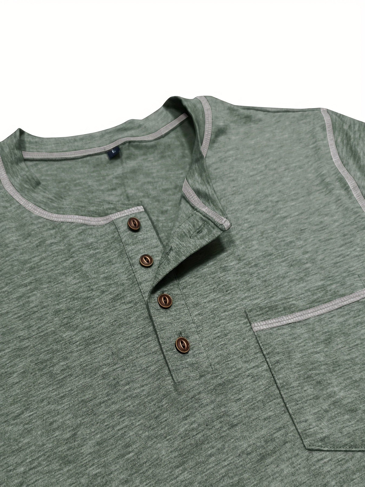 Men's contrast-stitch long sleeve henley shirt in khaki and green, colour option 1 close-up view