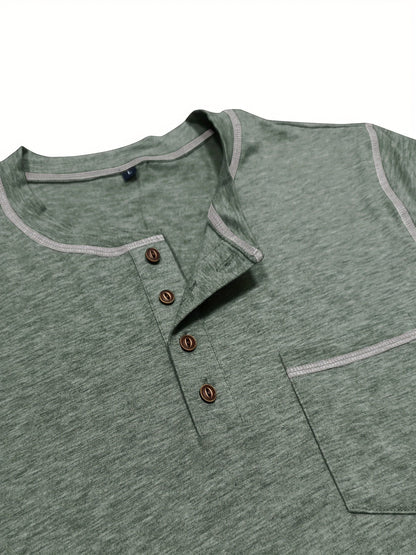 Men's contrast-stitch long sleeve henley shirt in khaki and green, colour option 1 close-up view