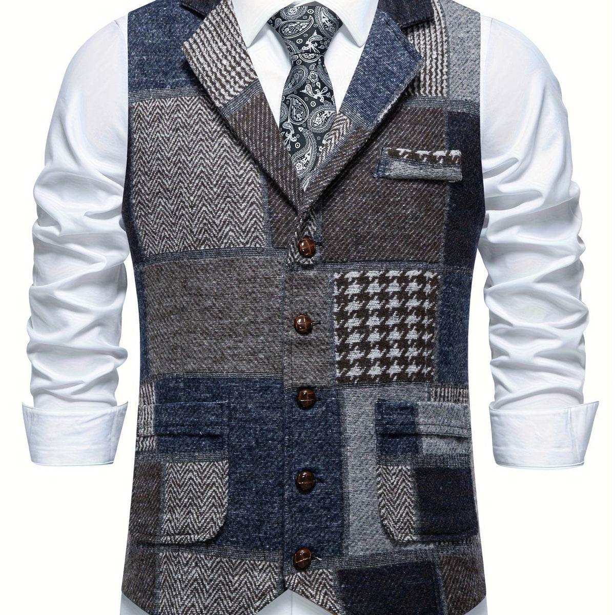 Kessoro Men's Patchwork Notch Lapel Tailored Waistcoat in grey, wine red, blue, navy and orange - men's apparel, view 20 of 31