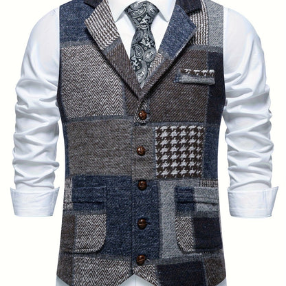 Kessoro Men's Patchwork Notch Lapel Tailored Waistcoat in grey, wine red, blue, navy and orange - men's apparel, view 20 of 31