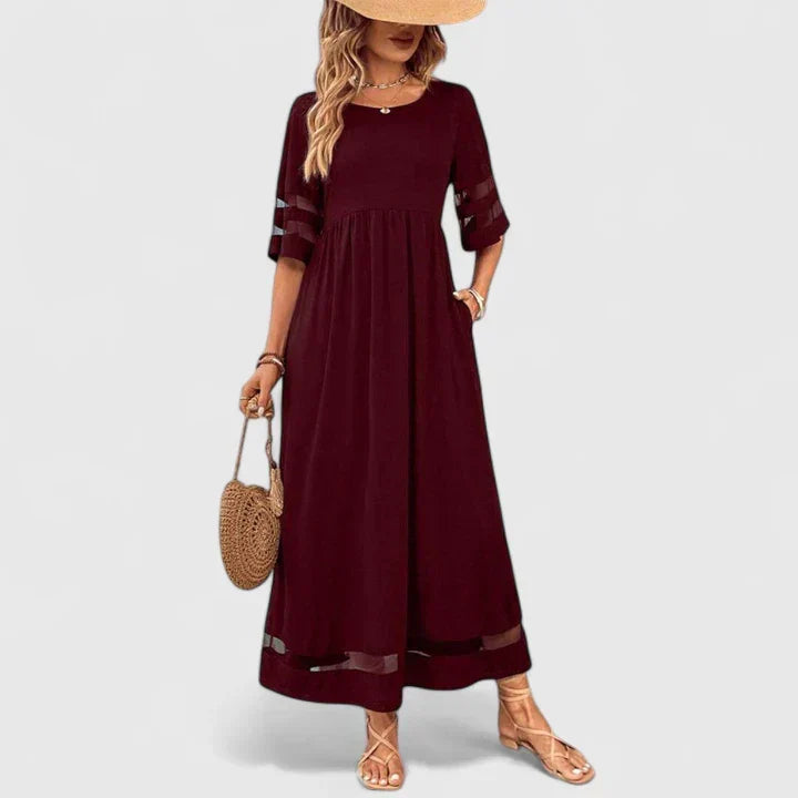Women's empire waist midi dress with round neck and mid sleeves in black, red and green
