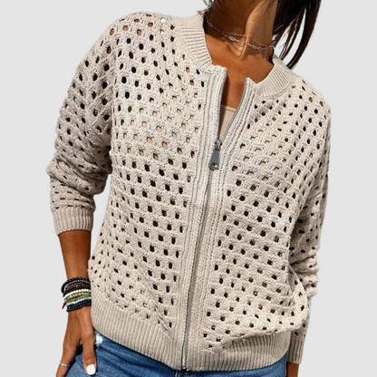 Women's open-knit zip-front cardigan in neutral and jewel-tone colorways