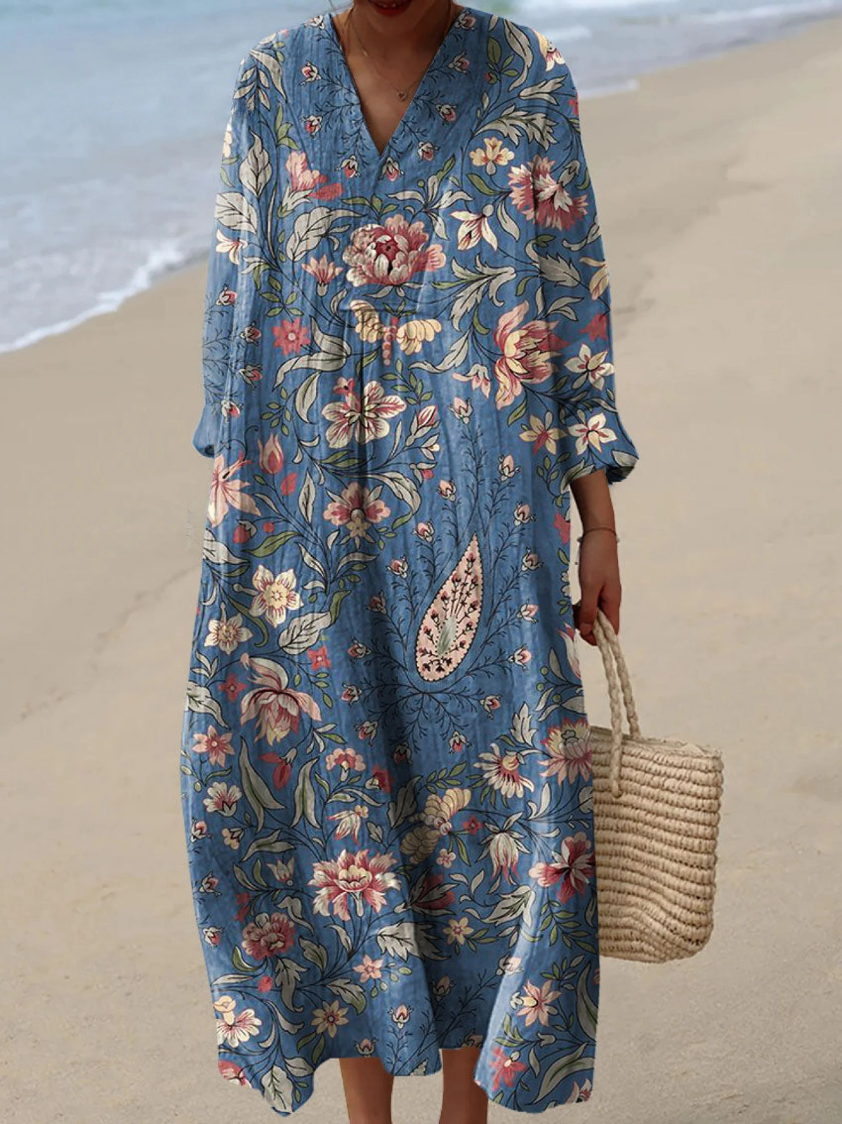 Kessoro women's vintage floral art print flowy dress in apricot, blue, light blue, yellow and khaki