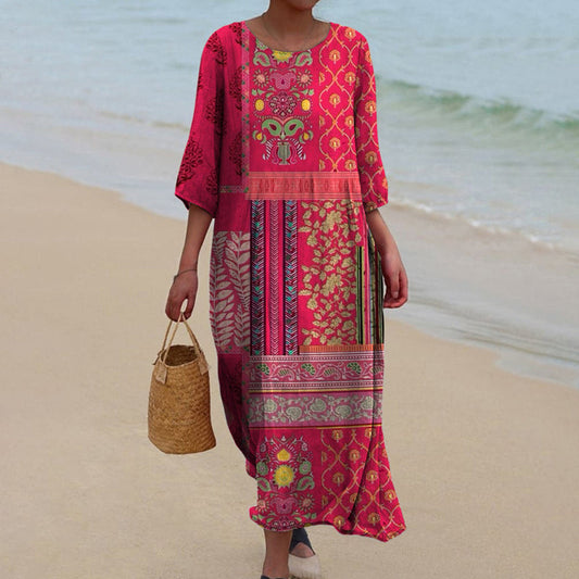 Women's loose fit boho print maxi dress in pink, styled on a female model
