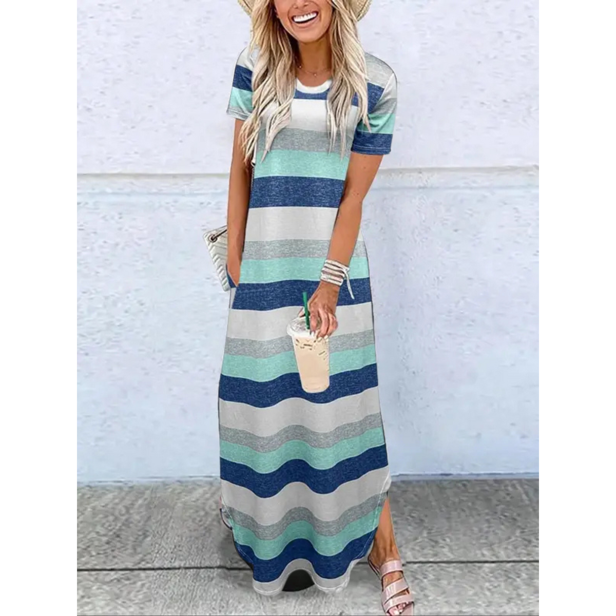 Kessoro women's round-neck casual summer maxi dress in gray, blue, emerald, black and striped prints