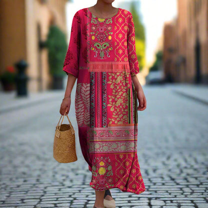 Women's loose fit boho print maxi dress in pink, styled on a female model