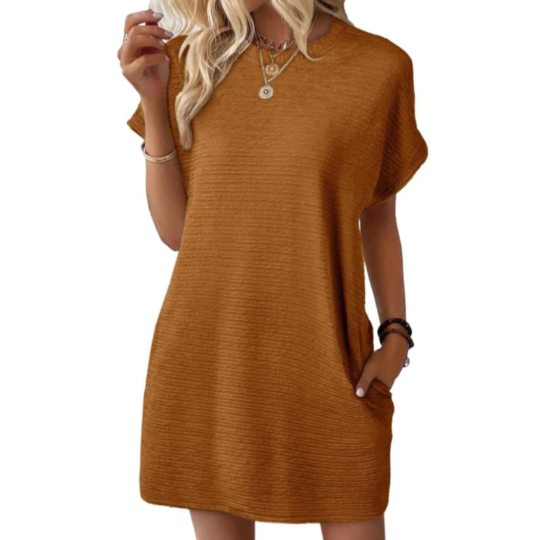 Kessoro women's minimalist round neck summer dress in rose red, light pink, apricot, black and green