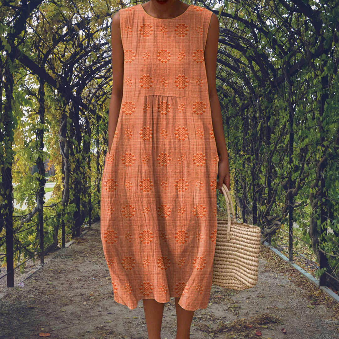 Women's embroidered sleeveless pocket dress in green, blue, yellow, white, red and orange