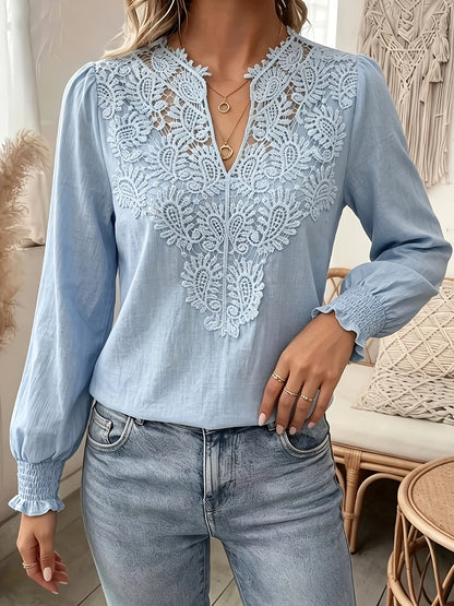 Kessoro women's embroidered V-neck lantern-sleeve blouse in white and light blue – view 9
