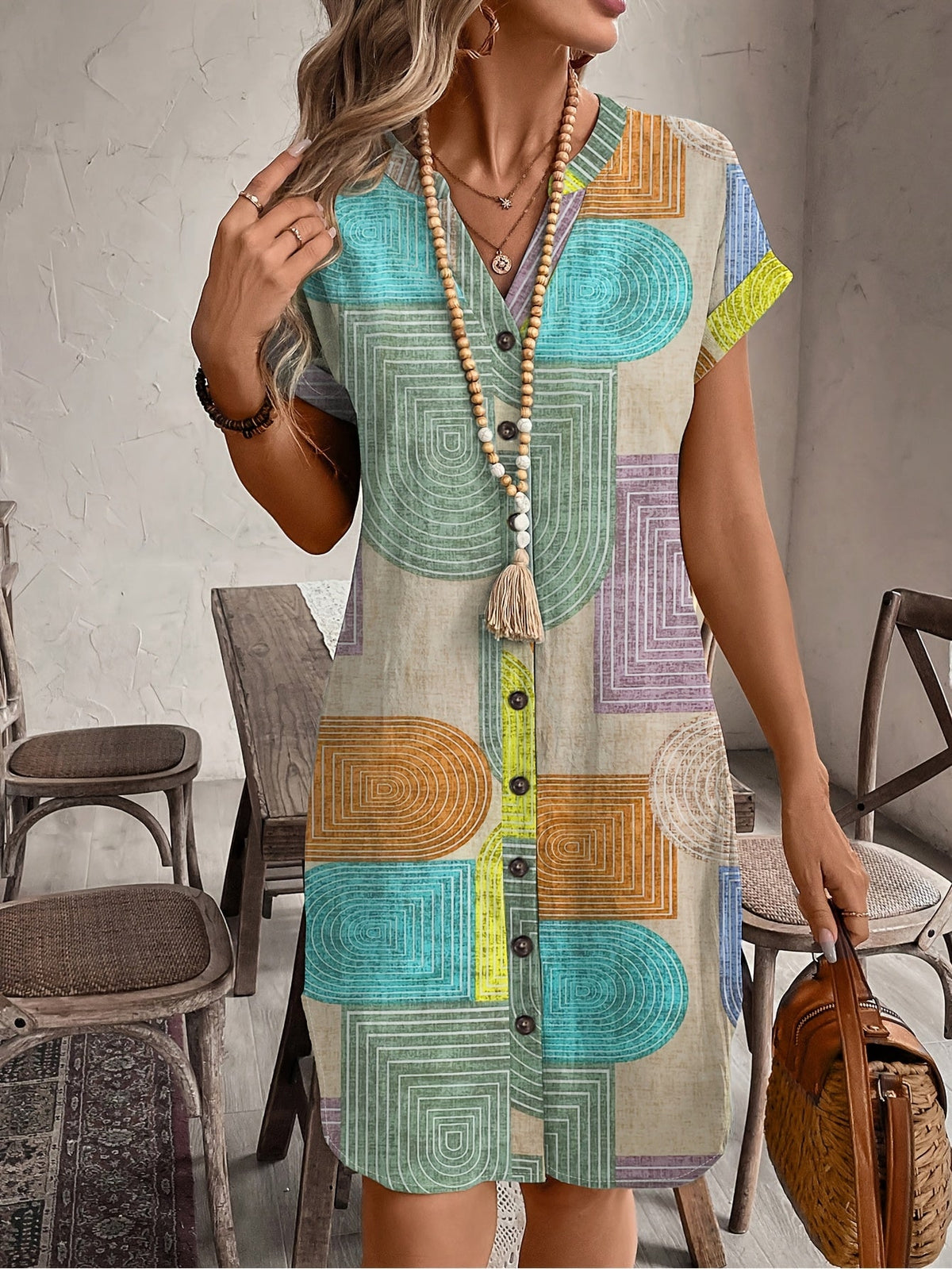 Kessoro women's retro geometric print V-neck button-front shirt dress in mixed colours