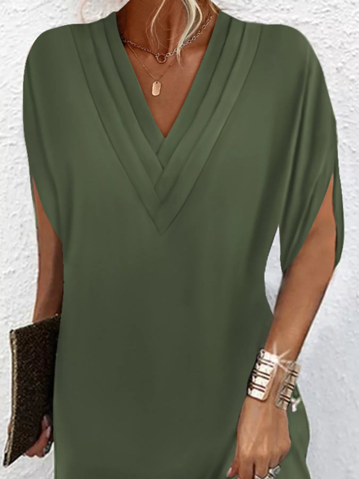 Women's V-neck mini dress with slit sleeves in army green, black, white, orange and pink