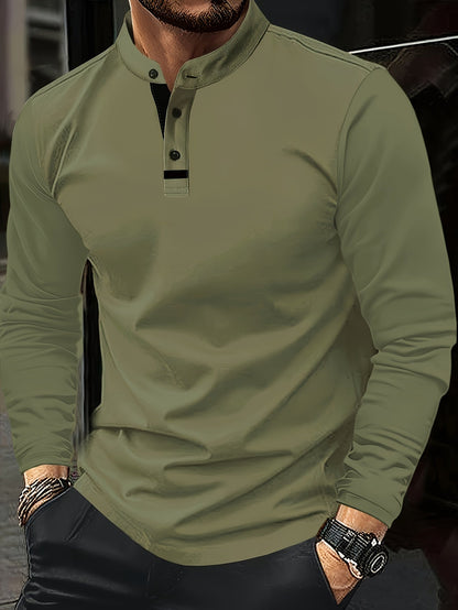 Men's refined long-sleeve button-placket henley shirt in granny gray, matcha green and navy, collar detail view
