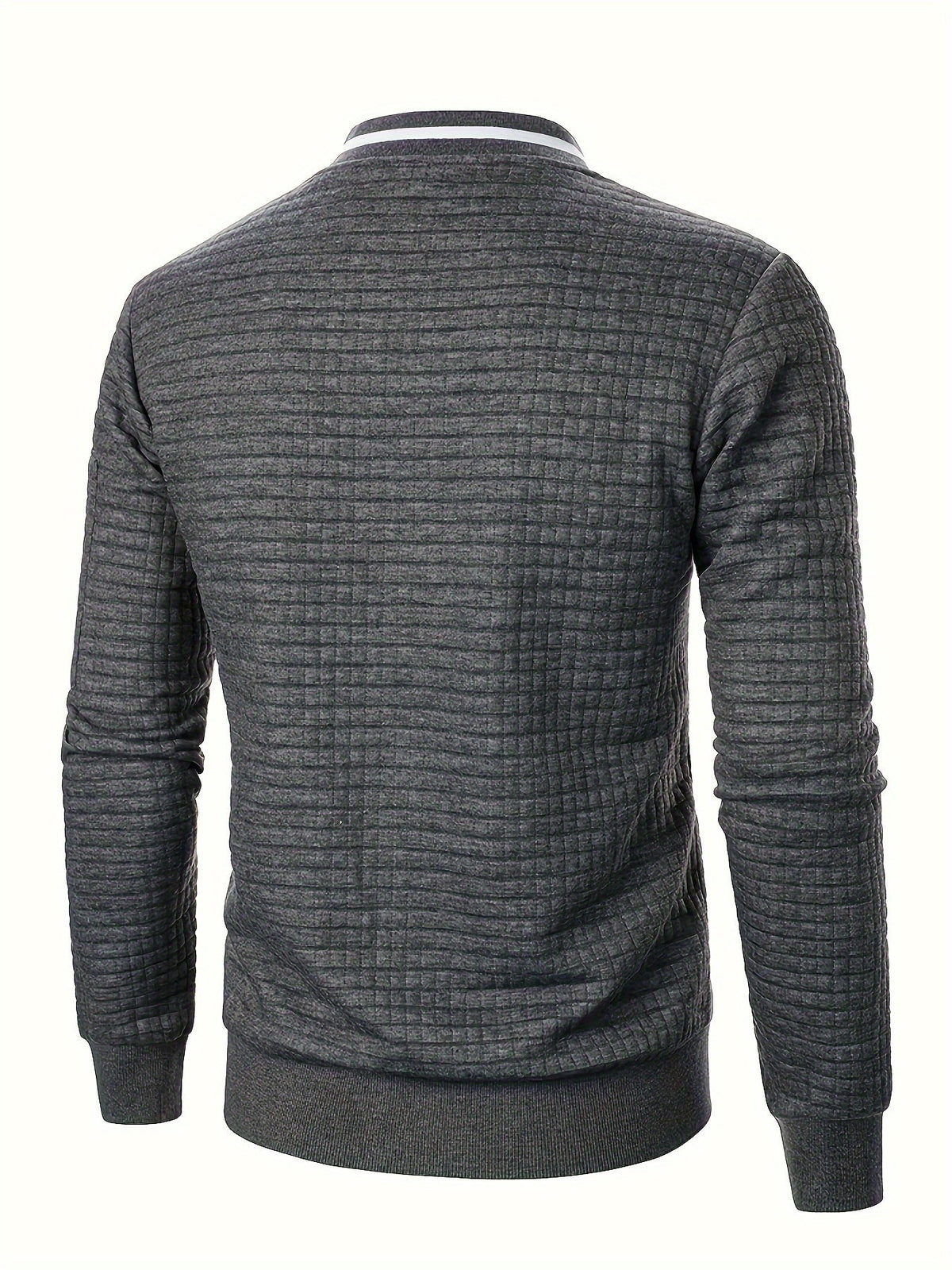 Men's textured stand-collar zip-up bomber jacket in khaki, black, dark gray, military green, navy and burgundy, close-up view 2
