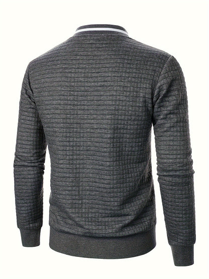 Men's textured stand-collar zip-up bomber jacket in khaki, black, dark gray, military green, navy and burgundy, close-up view 2