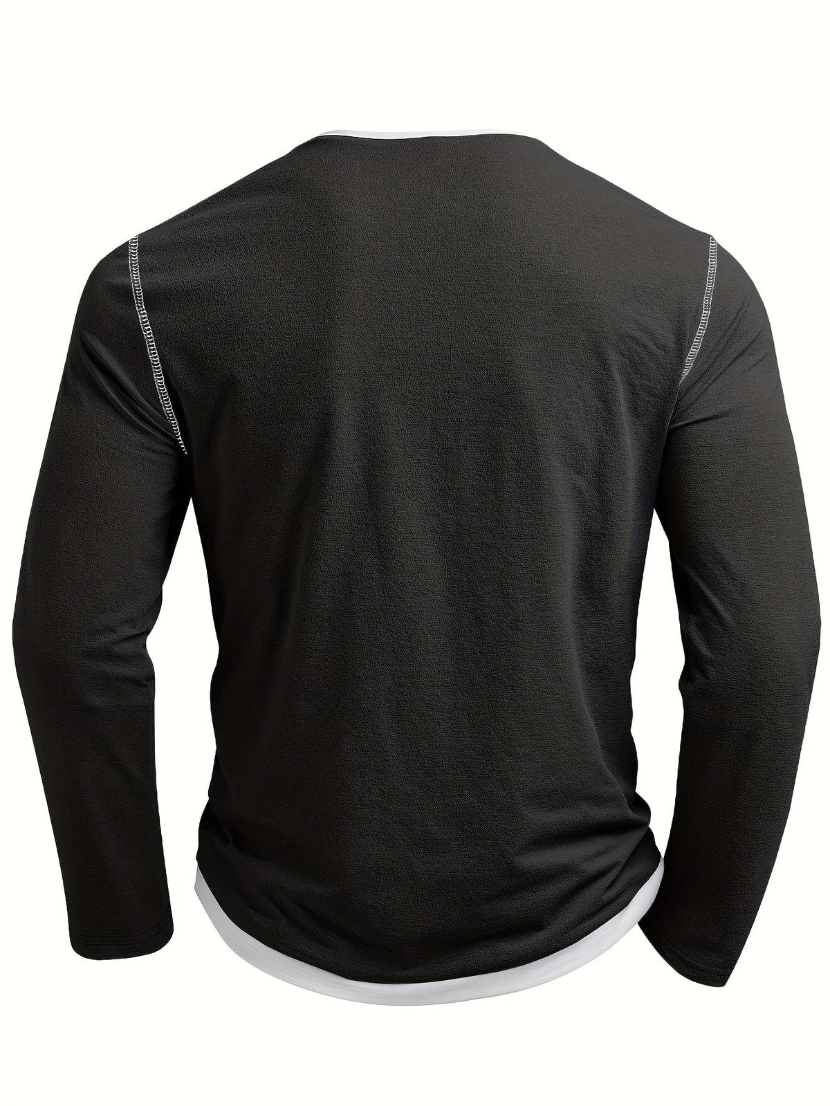 Men's notch-neck contrast-stitch henley shirt in black, back view
