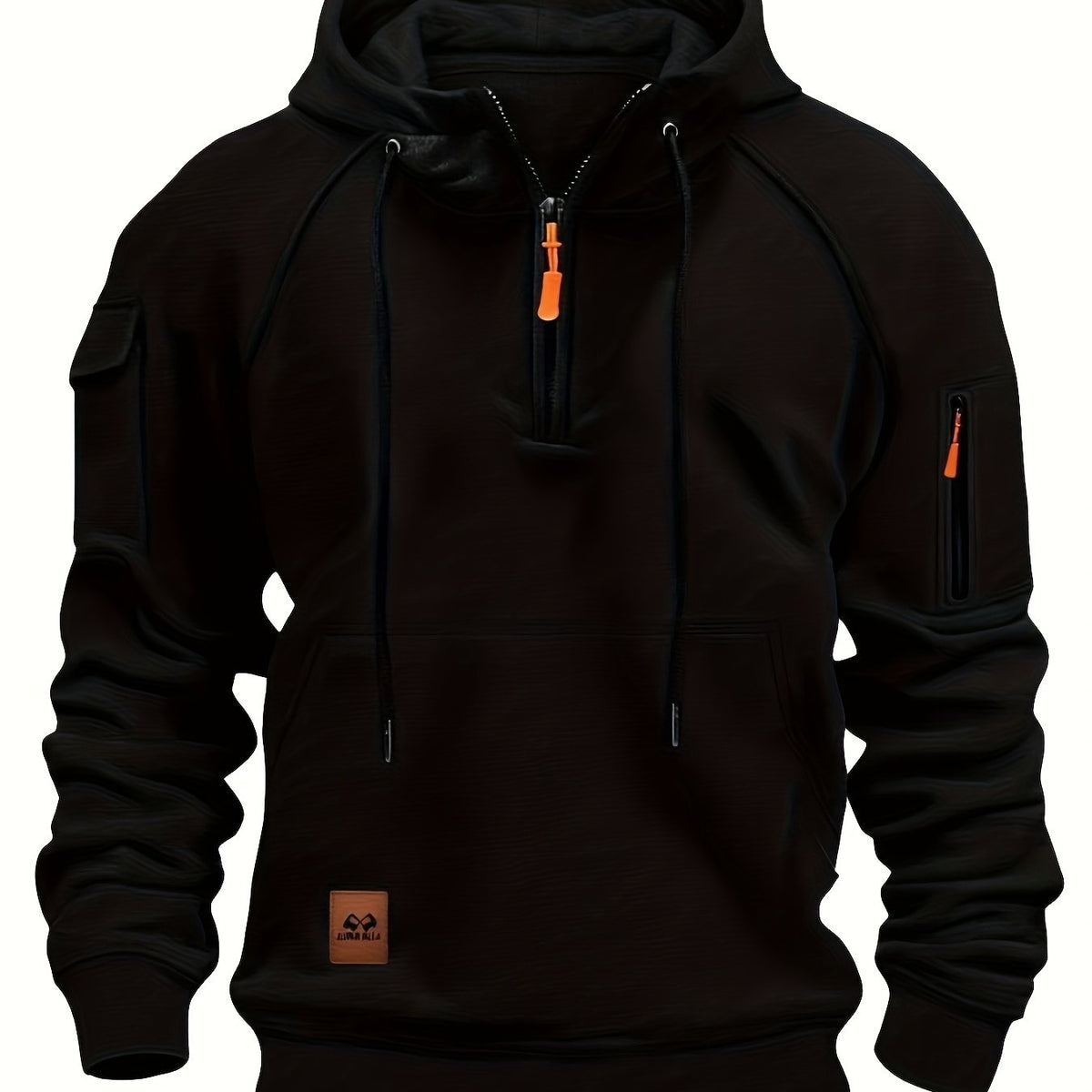 Men's utility quarter-zip hoodie in black, navy, khaki and burgundy with pocket detail, front view