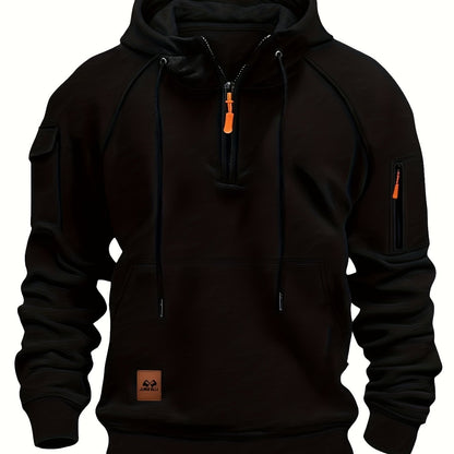 Men's utility quarter-zip hoodie in black, navy, khaki and burgundy with pocket detail, front view