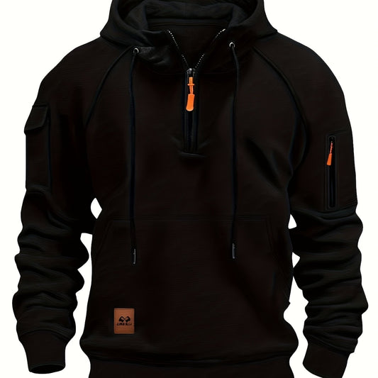 Men's utility quarter-zip hoodie in black, navy, khaki and burgundy with pocket detail, front view