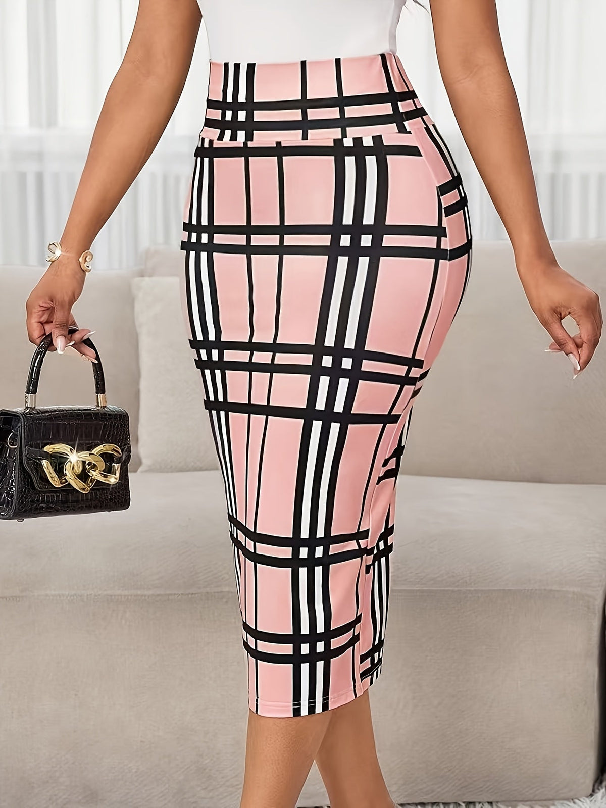 Kessoro women's plaid high-waist pencil skirt in white, burgundy and pink - product view 13